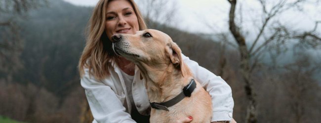 Un cane con un localizzatore Tractive sul collare